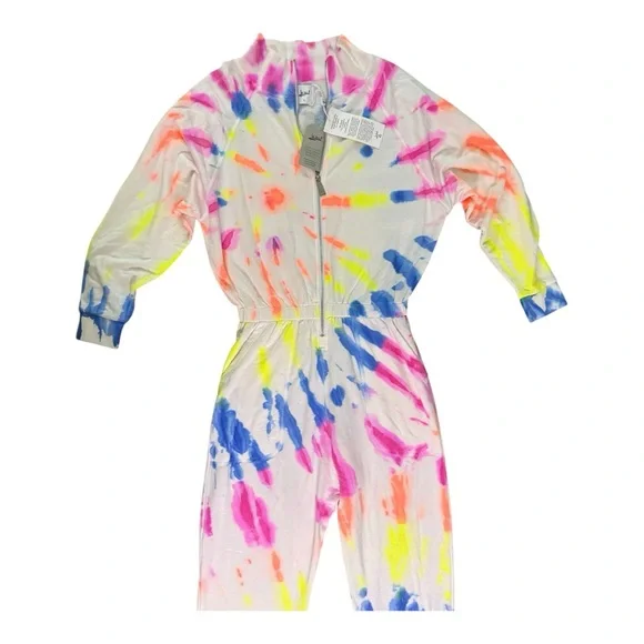 Lezat Multicolor Tie Dye Zip Front Fleece Jumpsuit Large Cozy Athleisure NWT - Picture 3 of 7